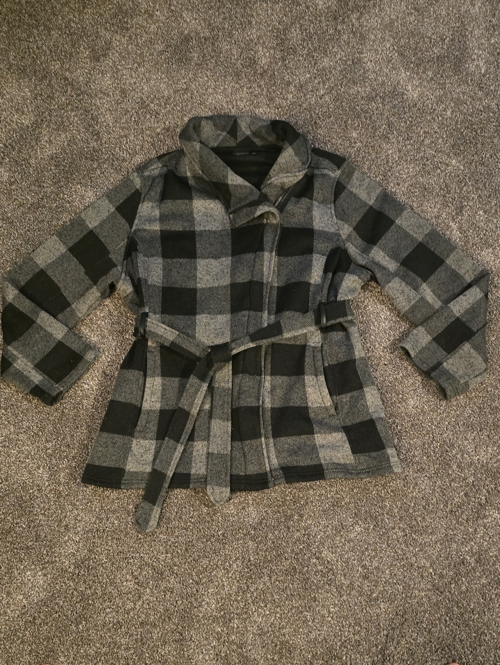 Stitch Fix CoffeeShop Black And Grey Moto Zip Coat Plaid Warm!